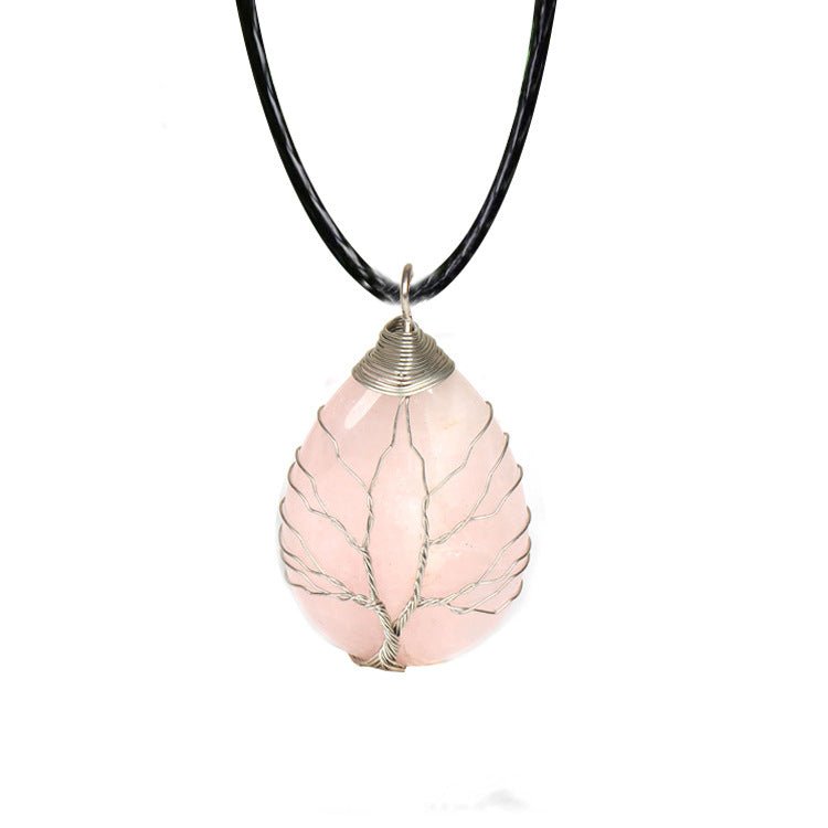 Rose Quartz Crystal Necklace Tree of Life Style