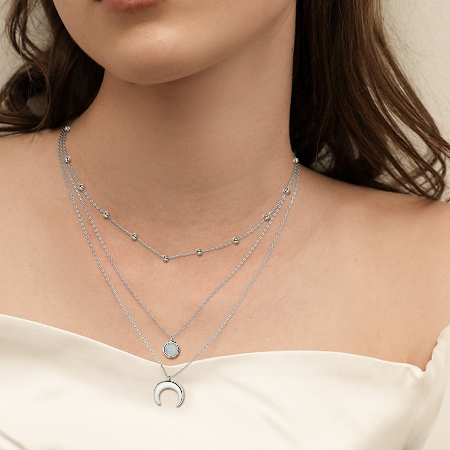 Moonstone Necklace 925 Sterling Silver Triple Layer Style